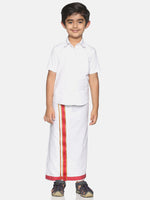 Thumbnail for Sethukrishna White Pure Cotton Solid Shirt and Veshti Set For Boys - Distacart