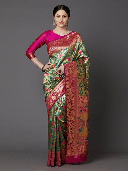 Mitera Green & Blue Silk Blend Woven Design Banarasi Saree - Distacart