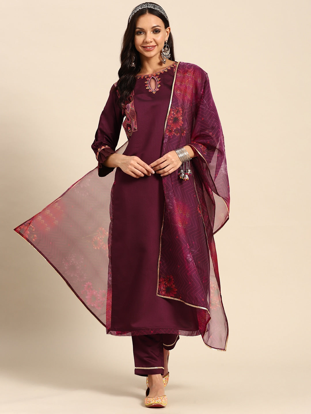 Sangria Women Floral Embroidered Regular Sequinned Kurta With Trousers & With Dupatta - Distacart