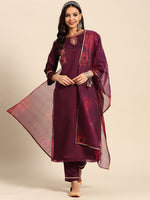 Thumbnail for Sangria Women Floral Embroidered Regular Sequinned Kurta With Trousers & With Dupatta - Distacart