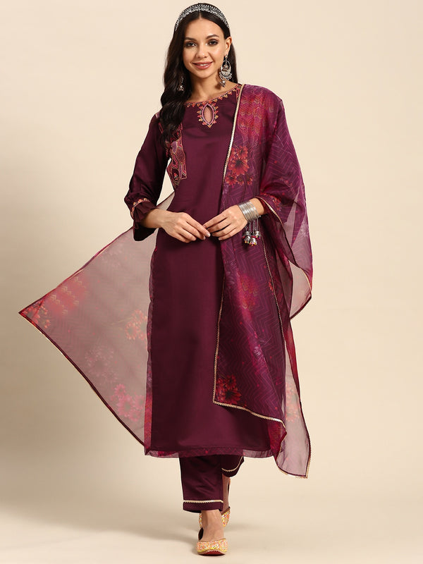 Sangria Women Floral Embroidered Regular Sequinned Kurta With Trousers & With Dupatta - Distacart