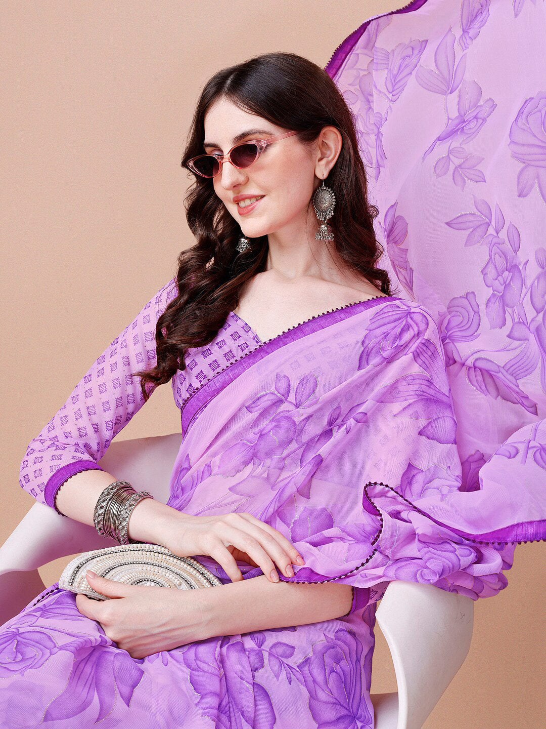 Sangria Purple Floral Printed Pure Chiffon Saree - Distacart