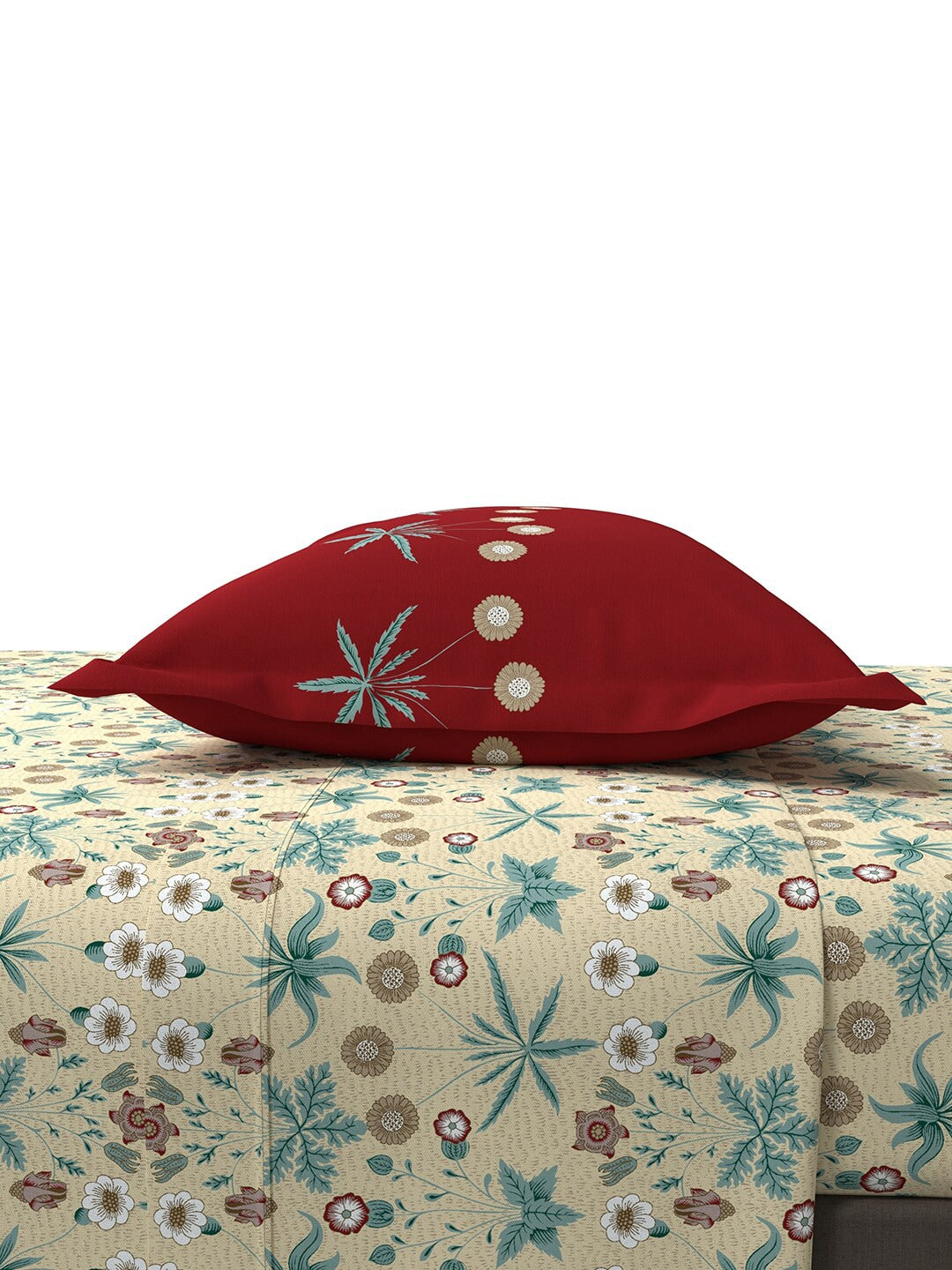 MYTRIDENT Beige Green Floral Cotton 144 TC Queen Bedsheet With 2 Pillow Covers - Distacart