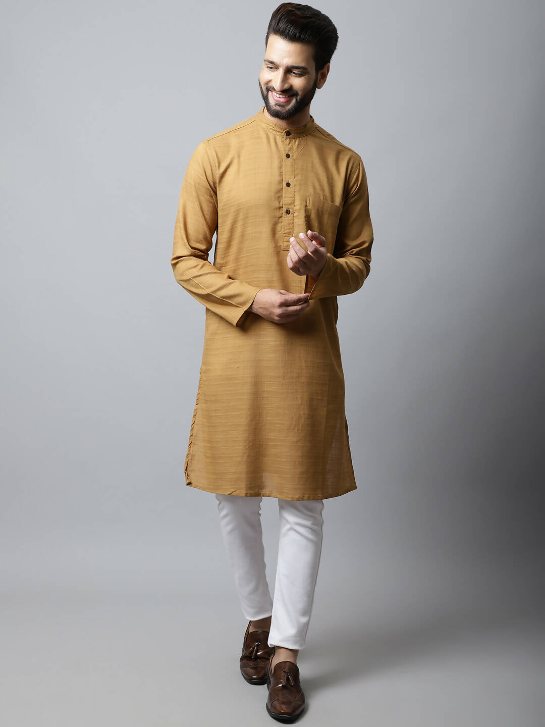 Even Apparels Brown Color Pure Cotton Men's Kurta With Band Collar (SLD1177) - Distacart