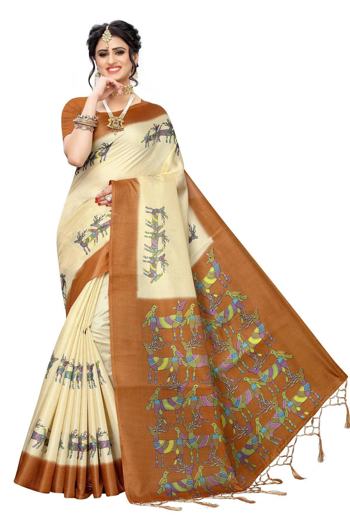 Vamika Multicolor & Brown Kalamkari With Jhalar Khadi Silk Saree