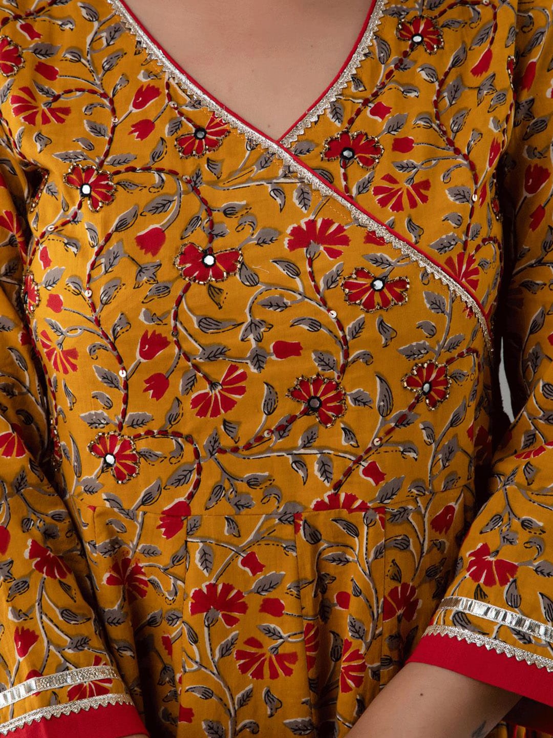 Kalini Women Mustard Yellow & Red Ethnic Motifs Printed Angrakha Anarkali Kurta - Distacart