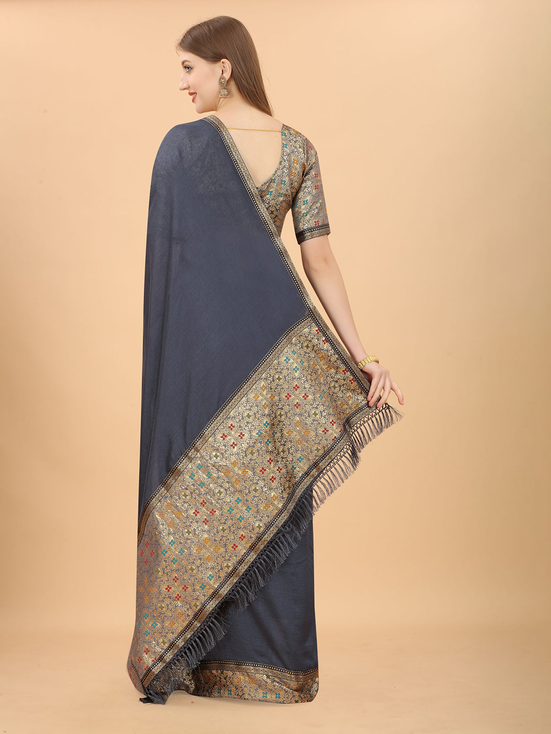 Kalini Grey & Red Zari Pure Silk Saree - Distacart