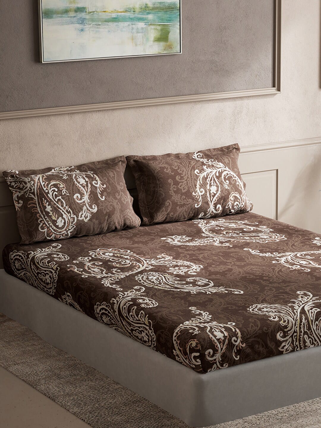 DDecor Brown & White Ethnic Motifs Cotton 140 TC King Bedsheet With 2 Pillow Covers - Distacart