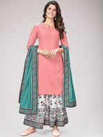 Thumbnail for Kalini Women Pink Ethnic Motifs Layered Sequinned Pure Cotton Kurta with Skirt & With Dupatta - Distacart