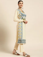 Thumbnail for Sangria Women Off White Ethnic Motifs Self Design Winter Kurta with Trousers - Distacart