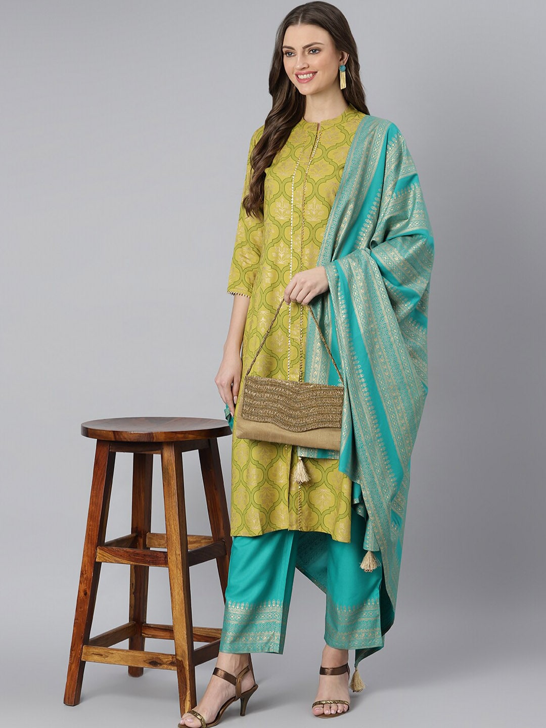 Khushal K Women Turquoise Blue Ethnic Motifs Printed Gotta Patti Kurta with Trousers & With Dupatta - Distacart