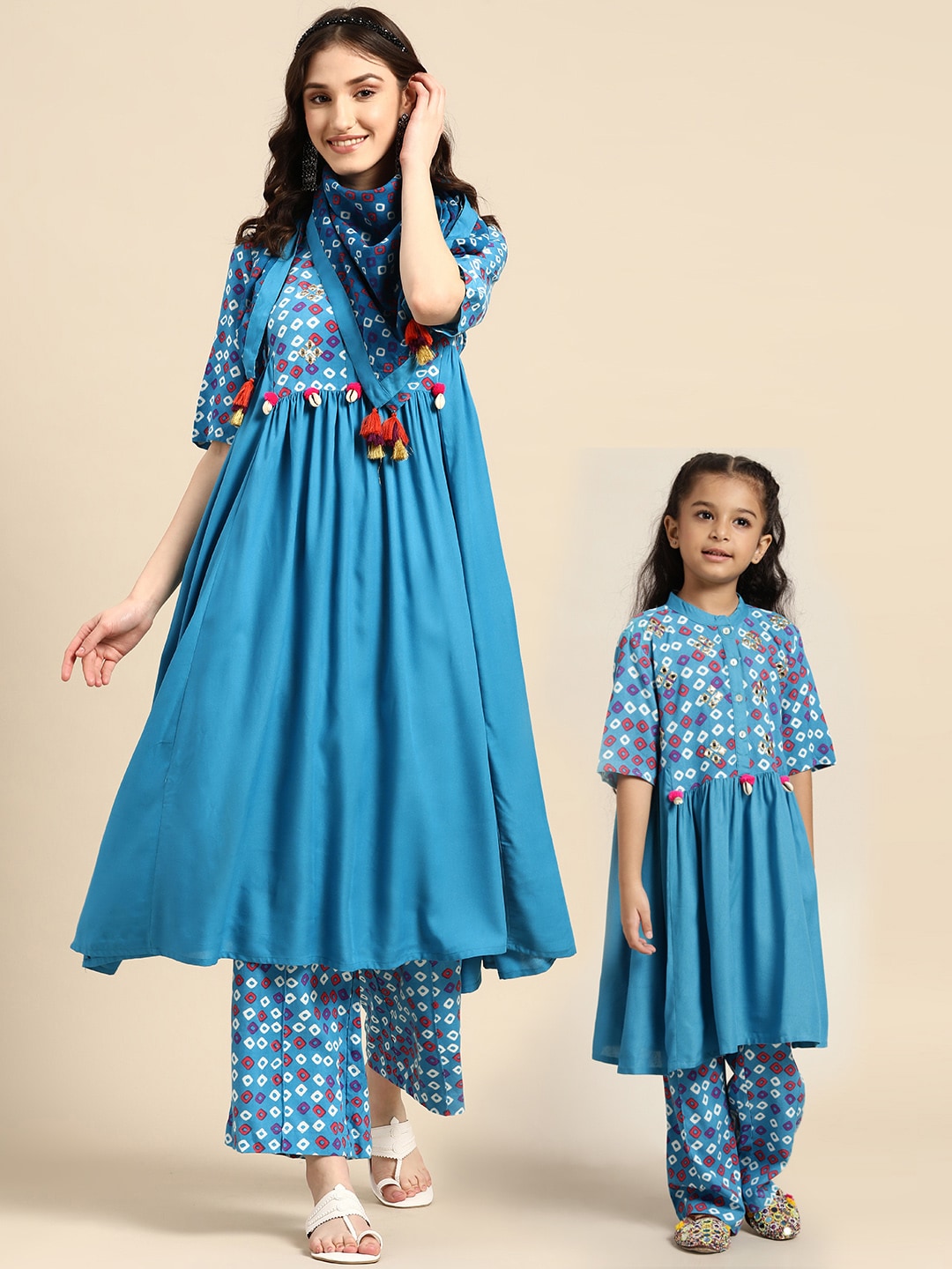 Sangria Women Bandhani Printed Kurta with Palazzos & Scarf - Distacart