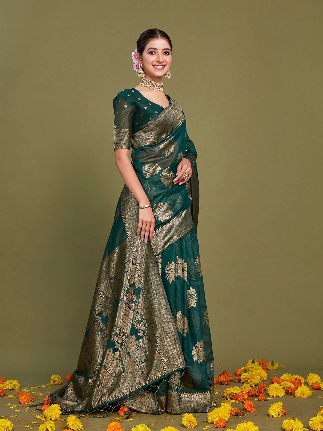 Sangria Ethnic Motifs Woven Design Linen Blend Saree - Distacart