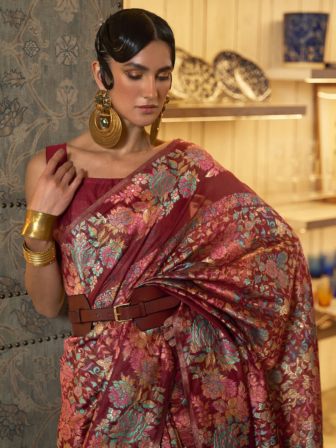 Mitera Maroon & Blue Floral Zari Banarasi Saree - Distacart