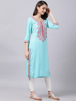 Thumbnail for Souchii Women Blue & Pink Embroidered Round Neck Straight Kurta - Distacart