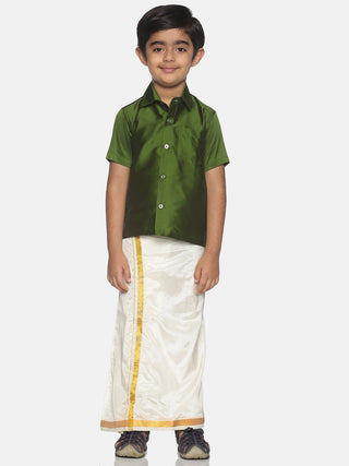 Sethukrishna Olive Green & White Solid Shirt and Veshti Set For Boys - Distacart