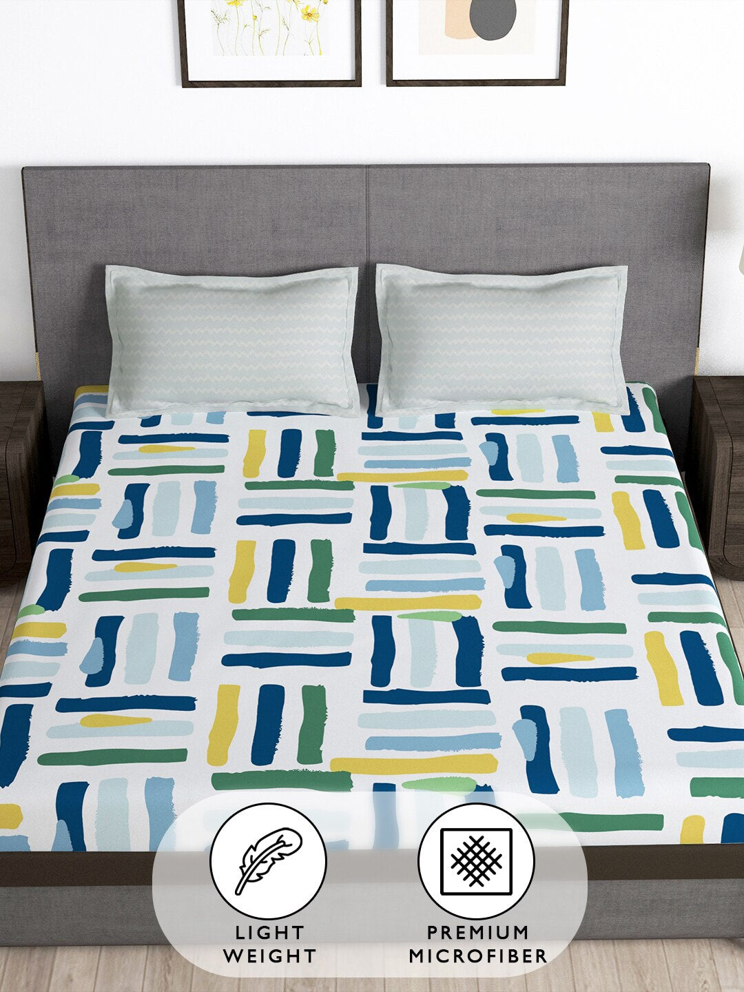 Story@home Arena White & Blue Geometric Printed 180 TC Queen Bedsheet & 2 Pillow Covers - Distacart