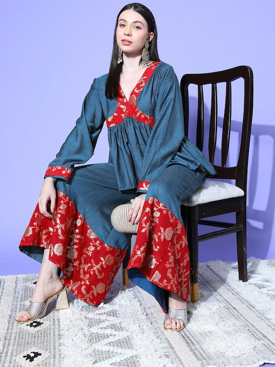 InWeave Women's Teal Red Brocade Mughal Shaan Kurta Palazzo Set - Distacart