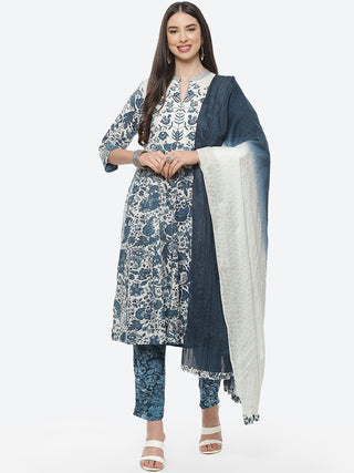 Biba Women White & Blue Floral Printed Pure Cotton Kurta With Trousers & Dupatta - Distacart