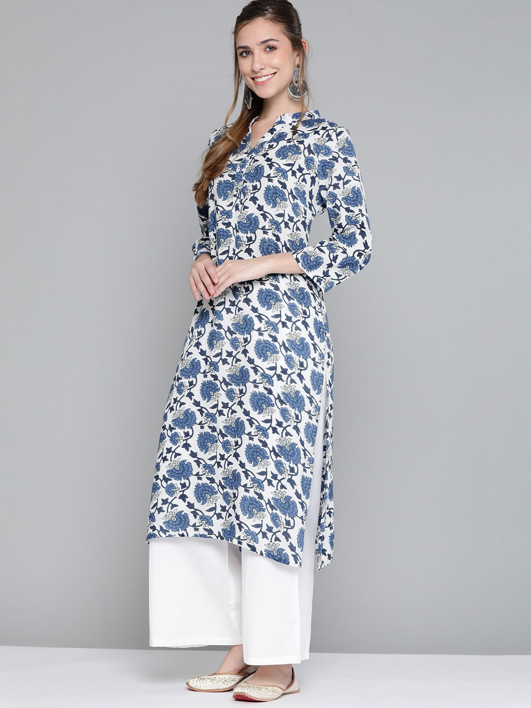 HERE&NOW Women White & Navy Blue Ethnic Motifs Printed Kurta - Distacart