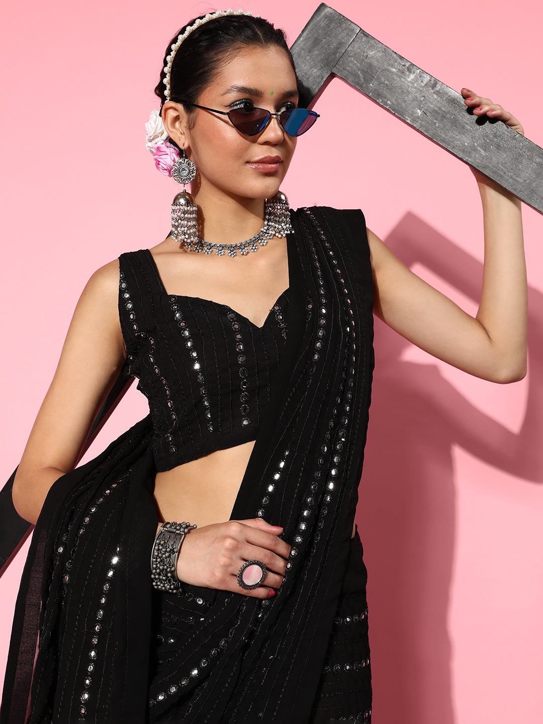 Mitera Embellished Mirror Work Pure Georgette Saree - Distacart