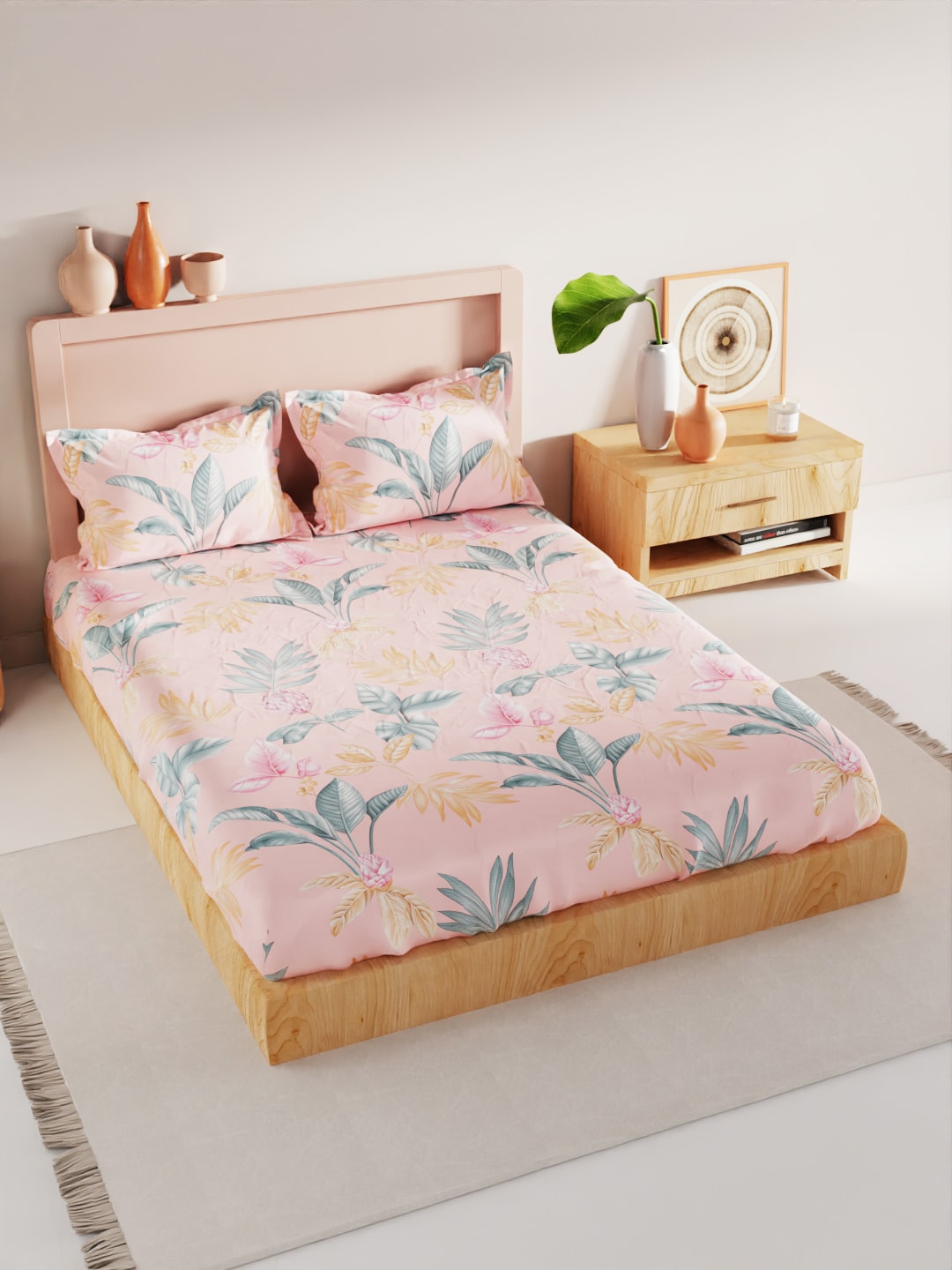 BIANCA Coral & Orange Floral 186 TC King Bedsheet with 2 Pillow Covers - Distacart