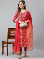 Thumbnail for Khushal K Women Orange Floral Printed Mirror Work Kurta With Trousers & Dupatta - Distacart