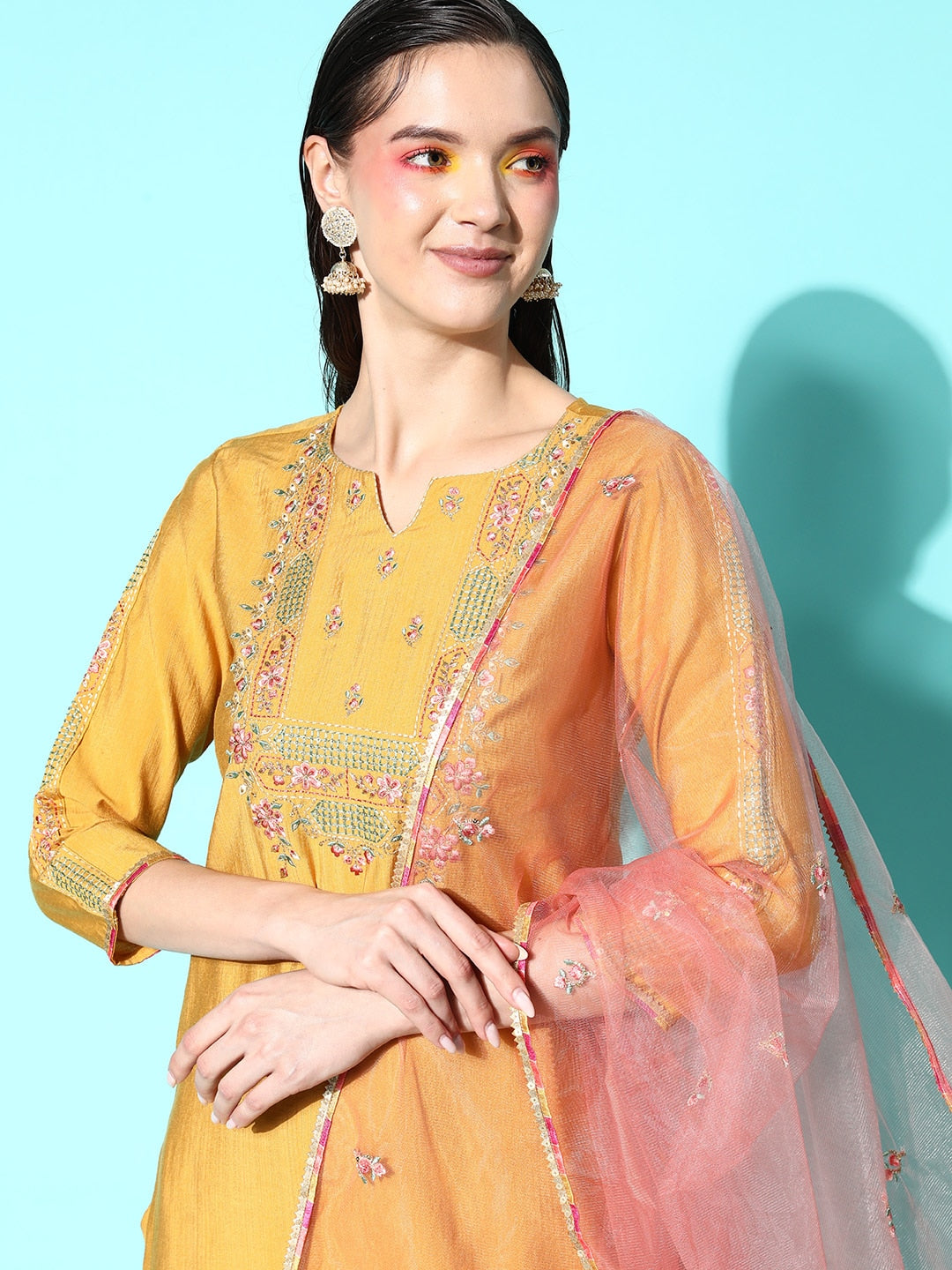 Sangria Floral Embroidered Regular Sequinned Kurta with Trousers & With Dupatta - Distacart