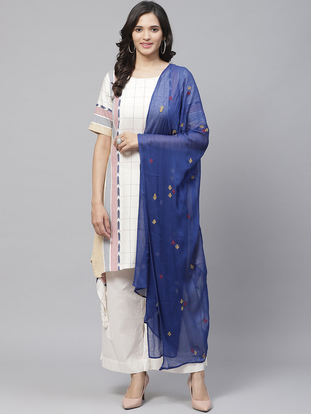 Biba Women Off-White & Blue Checked Asymmetric Kurta with Palazzos & Dupatta - Distacart