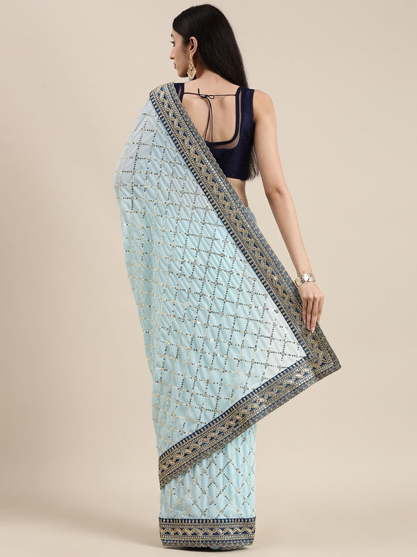 Mitera Blue Embellished Sequinned Saree - Distacart