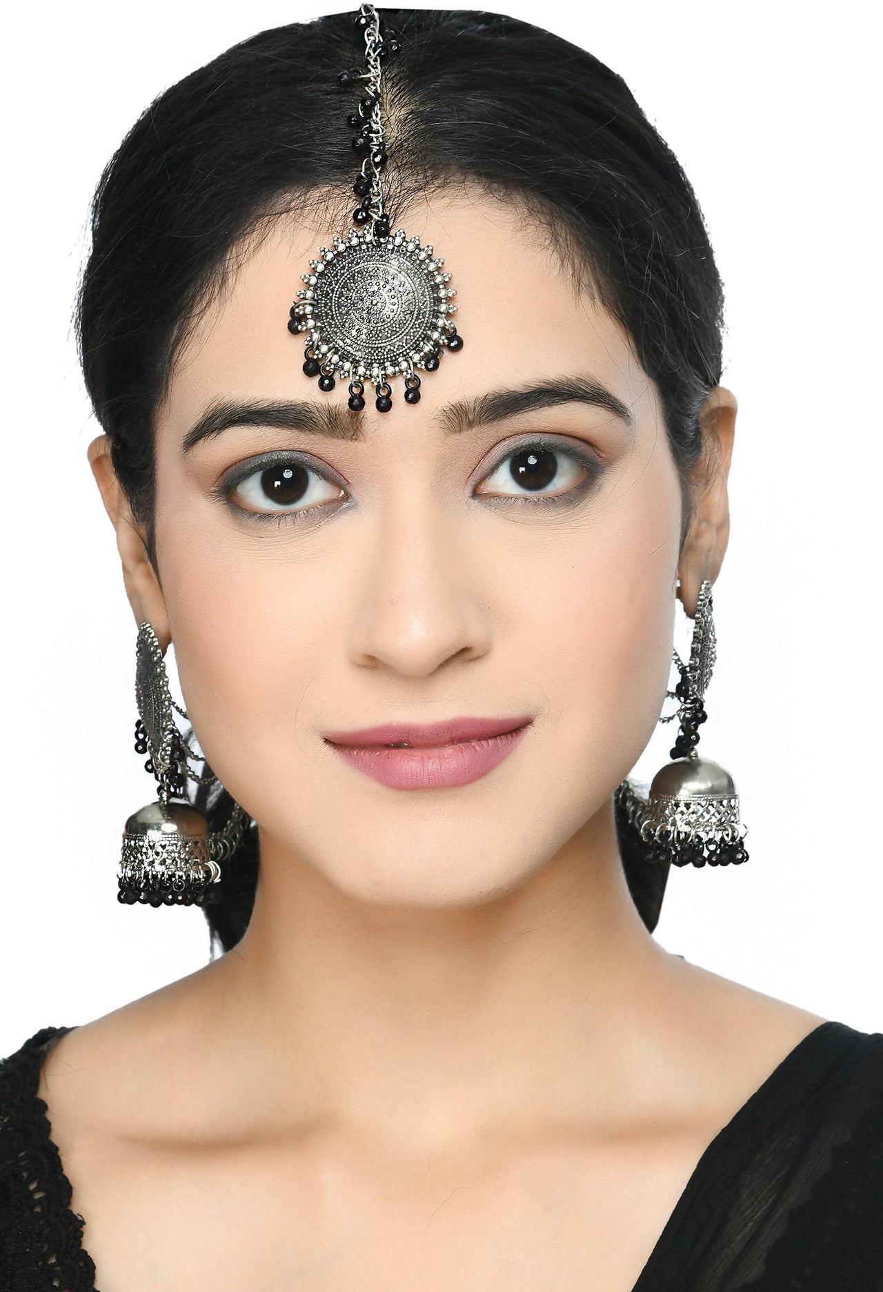 Mominos Fashion Johar Kamal Bahubali Black Beads Earrings With Tikka - Distacart