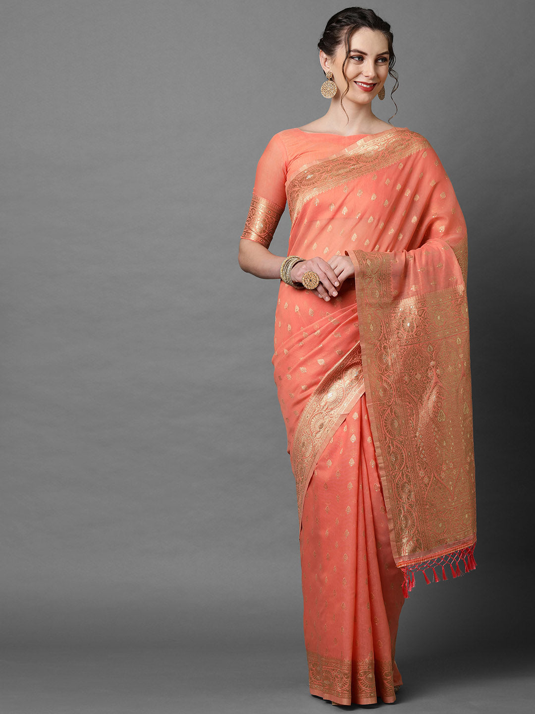 Mitera Peach-Coloured & Gold Floral Woven Design Silk Blend Banarasi Saree - Distacart