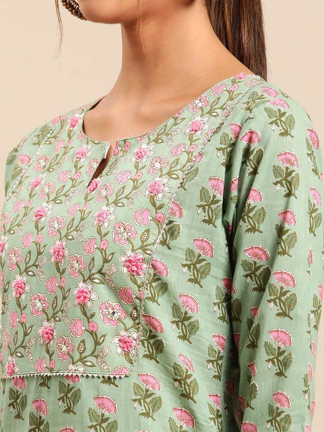 Sangria Women Floral Printed Gotta Patti Pure Cotton Kurta with Trousers & With Dupatta - Distacart