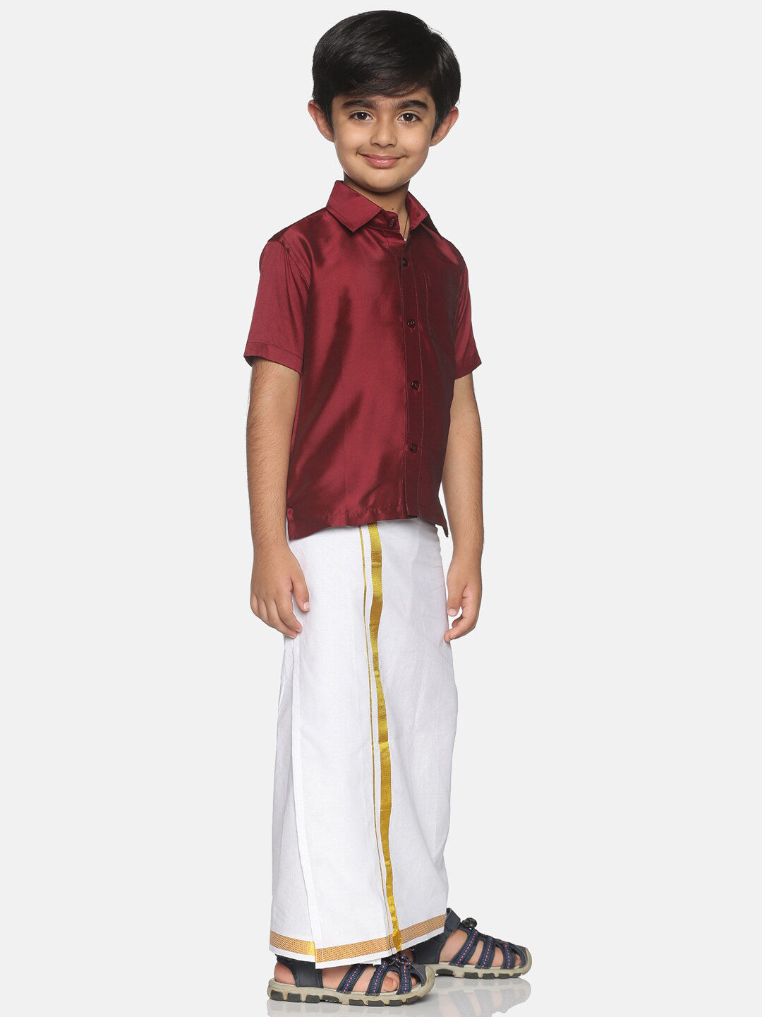 Sethukrishna Maroon & White Solid Shirt and Veshti Set For Boys - Distacart