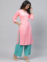 Thumbnail for Biba Women Pink & Silver Checked Straight Kurta - Distacart