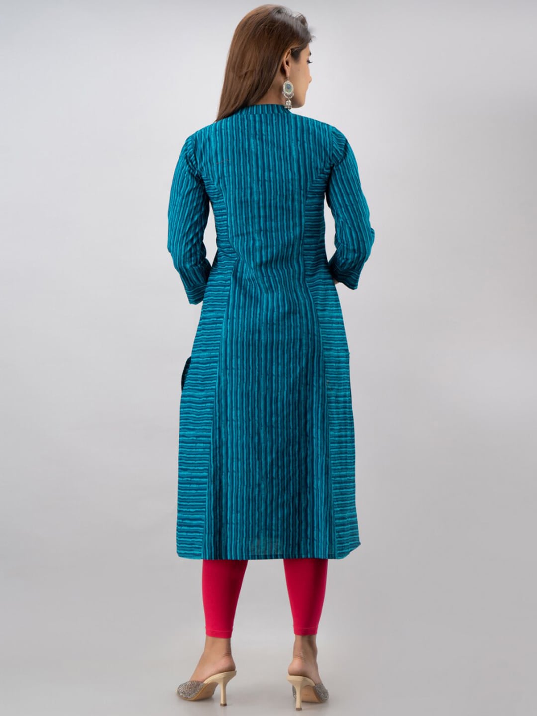 Kalini Women Turquoise Blue & Pink Striped Cotton A-line Kurta - Distacart