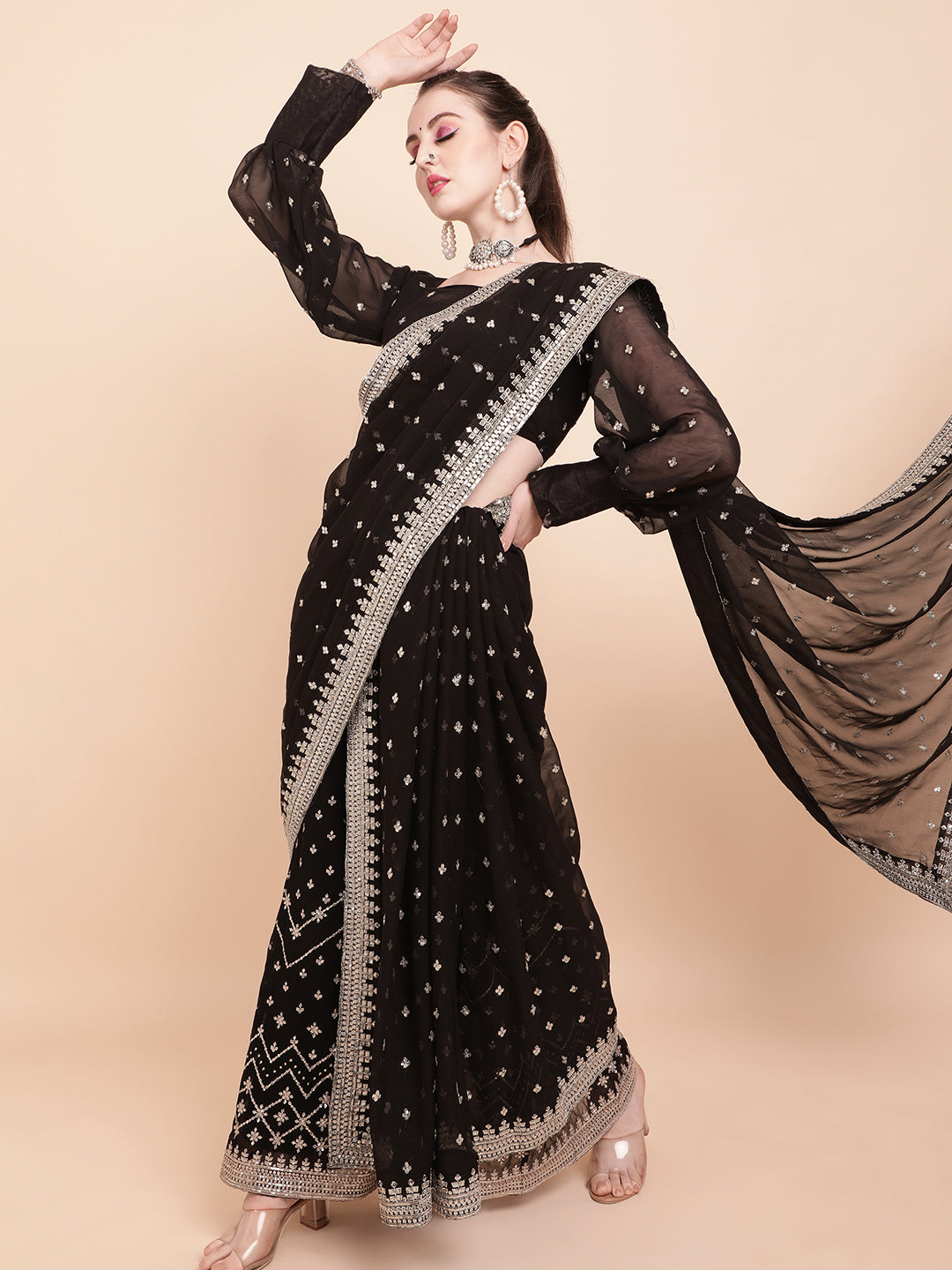 Sangria Black & White Embellished Sequinned Pure Georgette Palazoo Saree - Distacart
