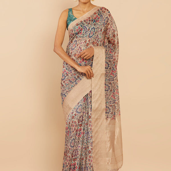 Soch Beige & Pink Floral Zari Art Silk Saree - Distacart