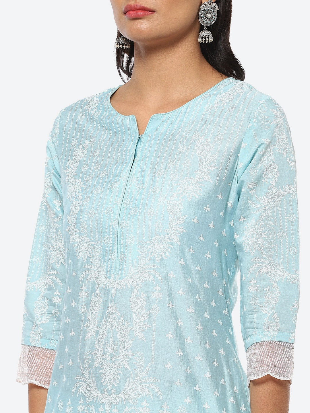 Biba Women Blue Ethnic Motifs Striped Thread Work Kurta - Distacart