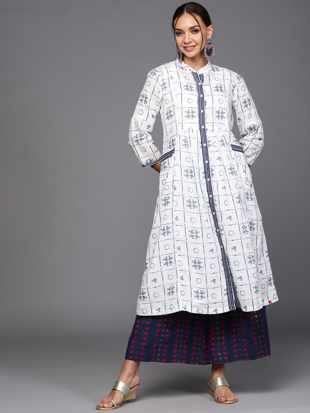 Biba Women White & Navy Blue Ethnic Motifs Printed Kurta with Inner - Distacart