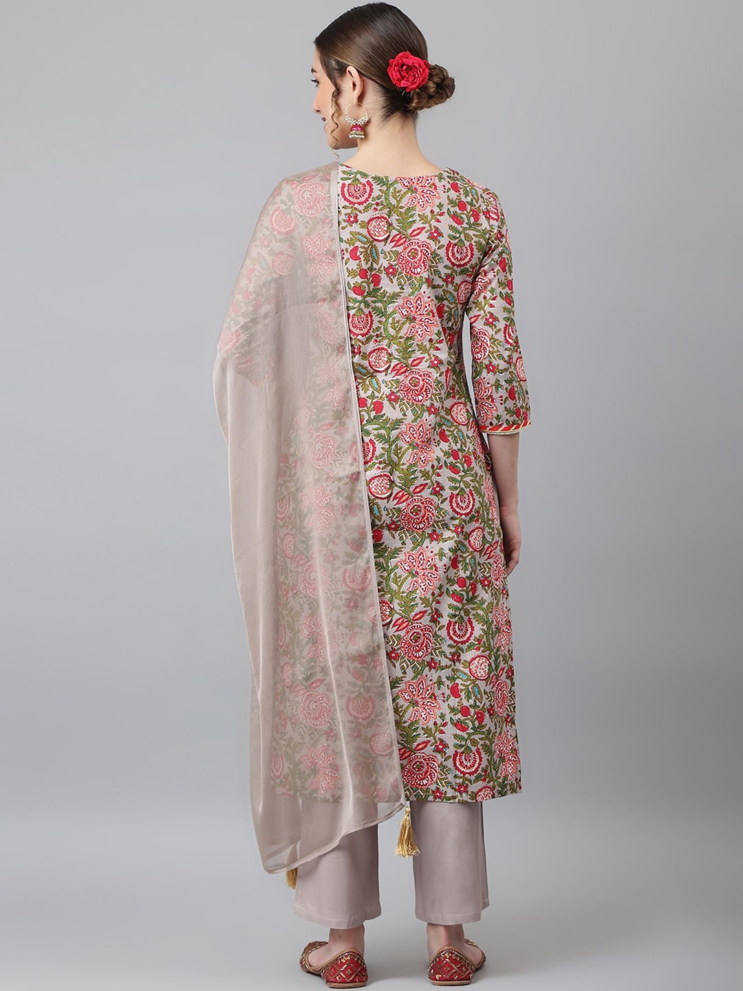 Khushal K Women Grey Floral Printed Kurta with Trousers & With Dupatta - Distacart
