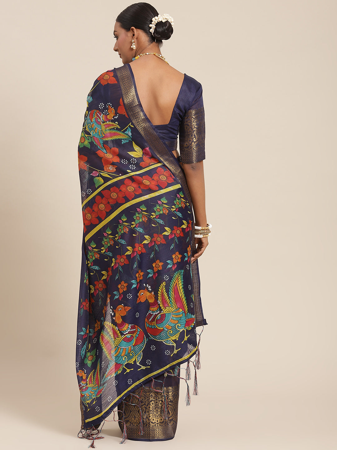Saree Mall Navy Blue Kalamkari Saree - Distacart