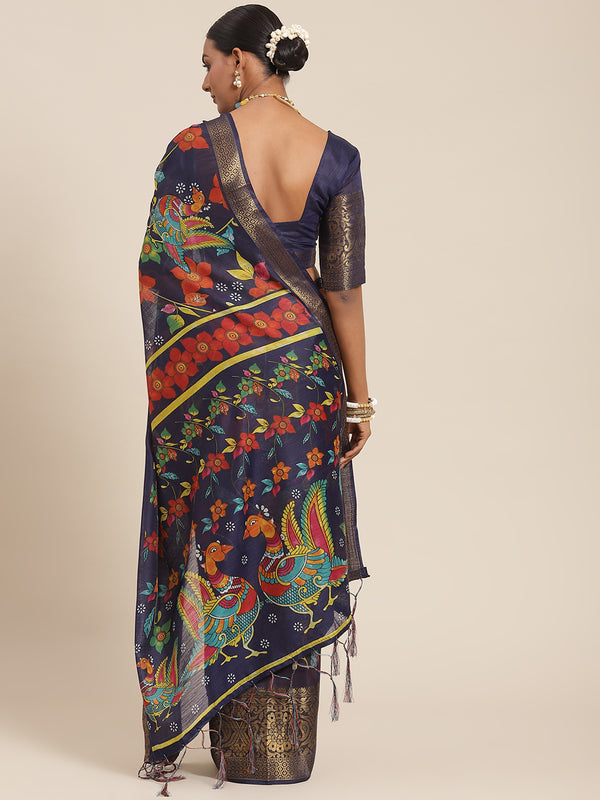 Saree Mall Navy Blue Kalamkari Saree - Distacart