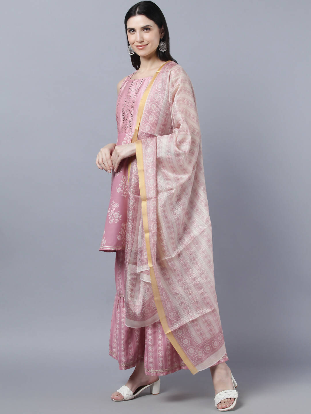 Myshka Women Peach-Coloured White Floral Printed Kurta with Sharara With Dupatta Set - Distacart