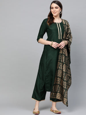 Libas Hunter Green Gotta Chanderi Kurta Set with Festive Traditional Stole - Distacart