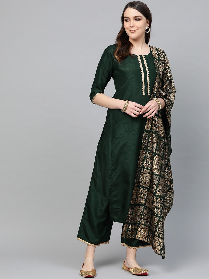 Libas Hunter Green Gotta Chanderi Kurta Set with Festive Traditional Stole - Distacart