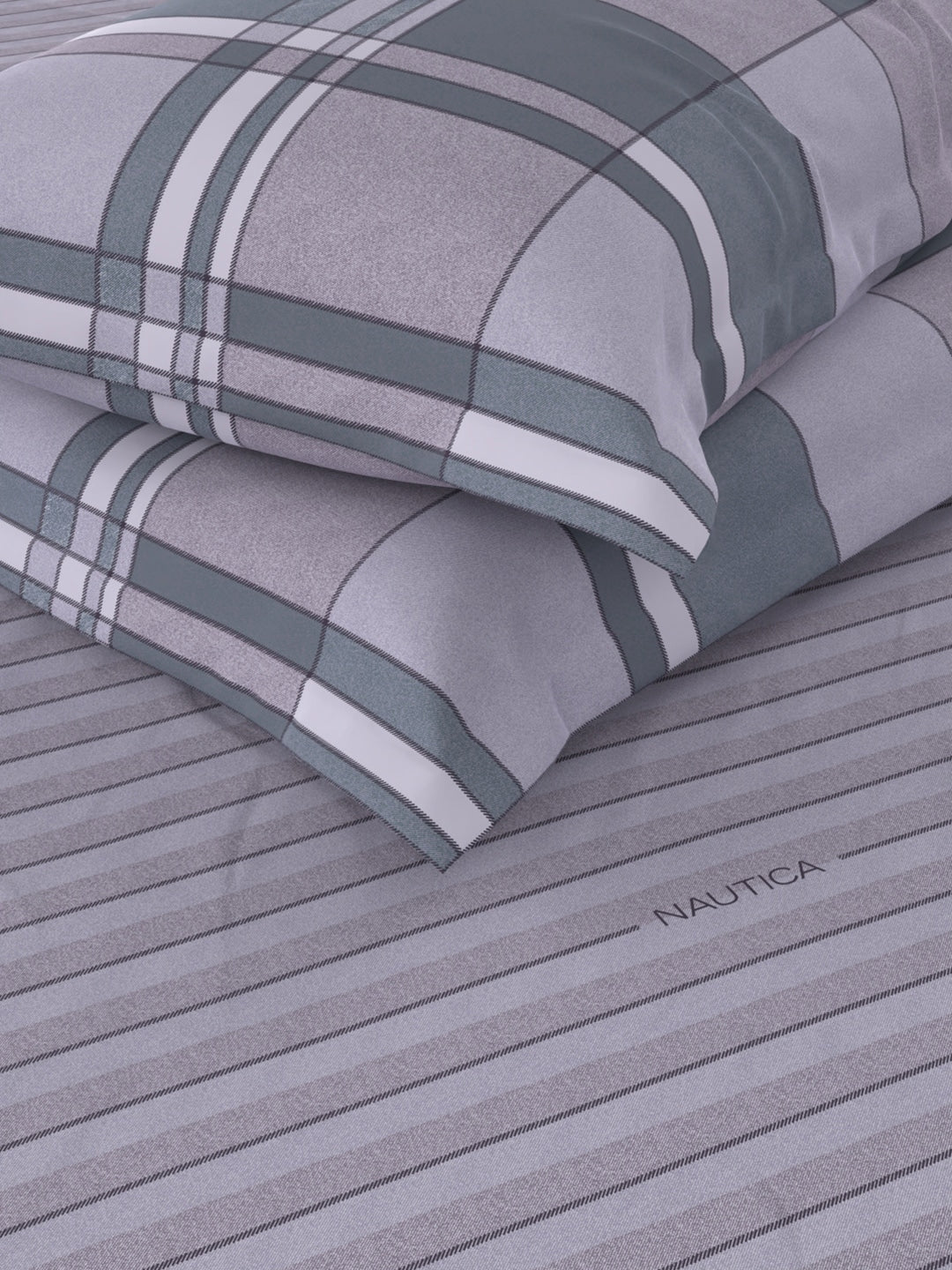 Nautica Grey & Blue Striped Cotton 160 TC King Bedsheet With 2 Pillow Covers - Distacart