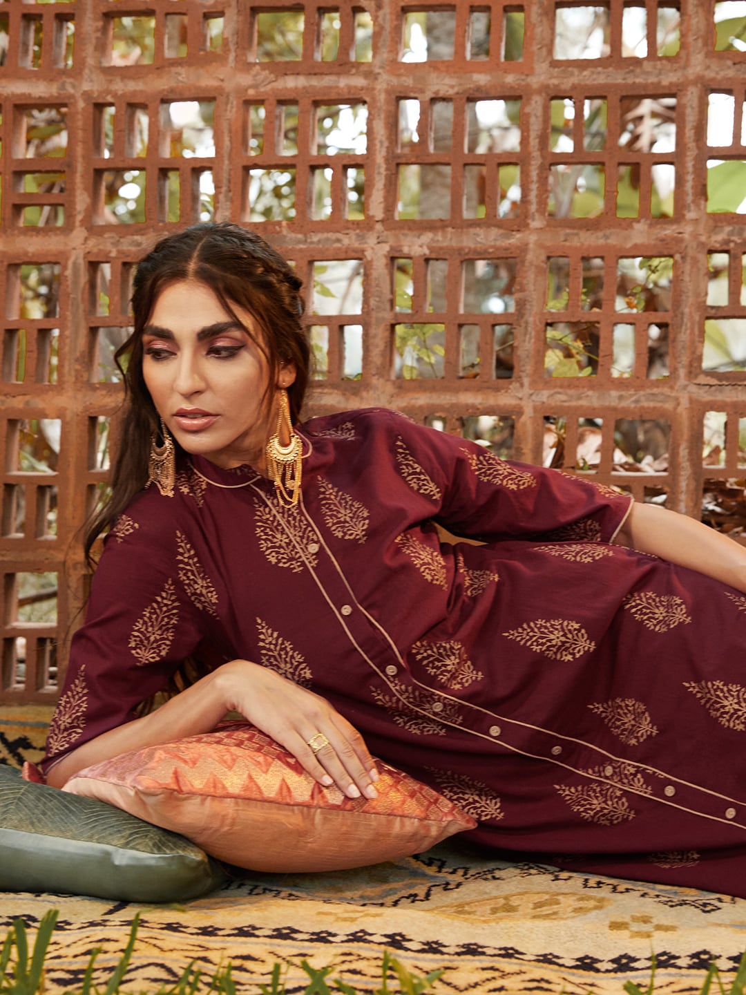 Sangria Women Maroon & Golden Pure Cotton Printed Kurta with Palazzos - Distacart