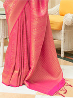 Thumbnail for Mitera Pink & Gold-Toned Ethnic Motifs Kanjeevaram Saree - Distacart