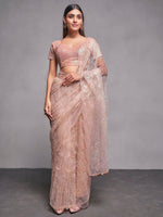 Thumbnail for Mitera Peach-Coloured & Silver-Toned Ethnic Motifs Embroidered Net Saree - Distacart